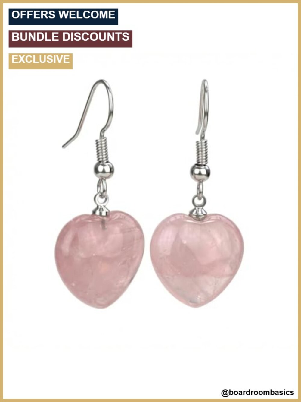 Rose Quartz Heart Dangle Earrings Stainless Steel Drop Jewelry